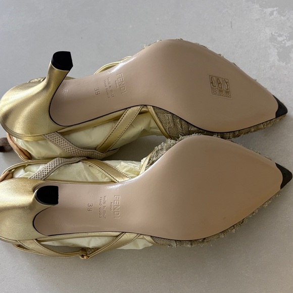 Fendi Metallic Gold Pointed Slingback Heels - Picture 3 of 6